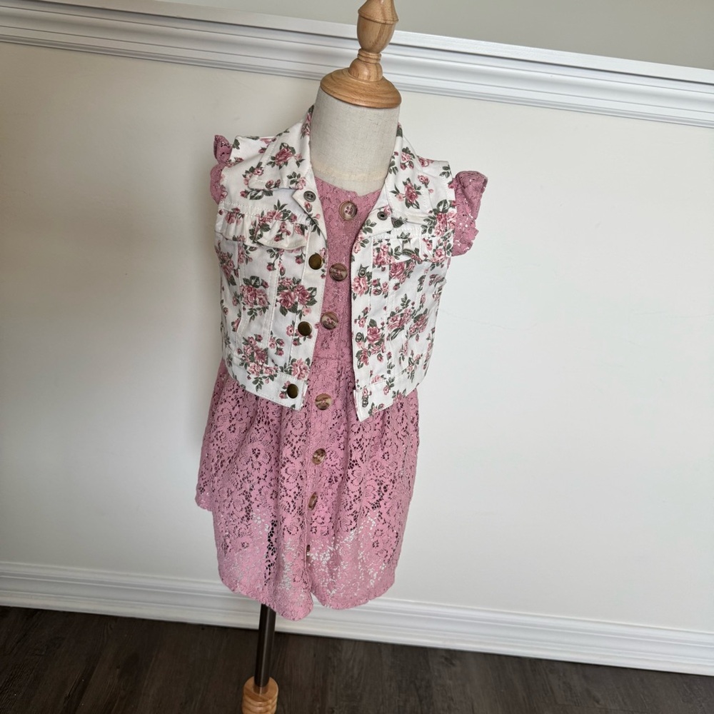 Little Lass Pink Lace Dress with Floral Vest
